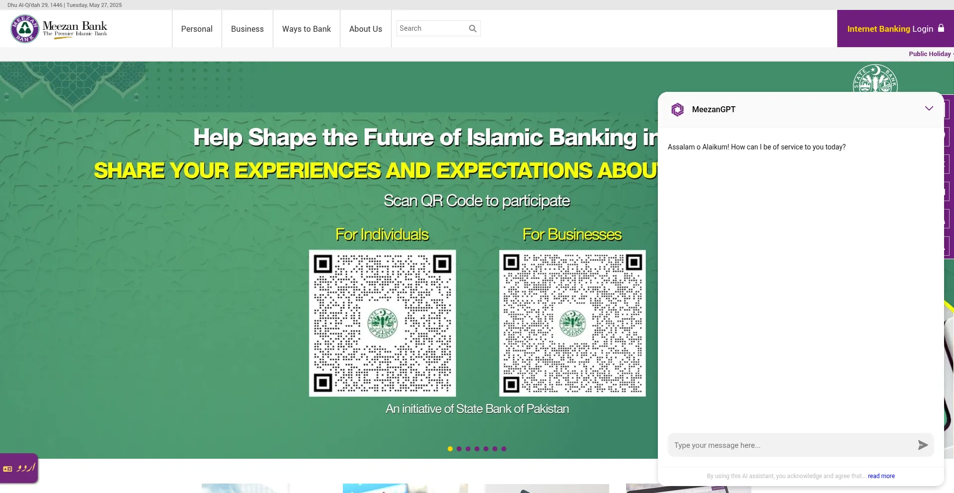 Website screenshot of Meezanbank.com
