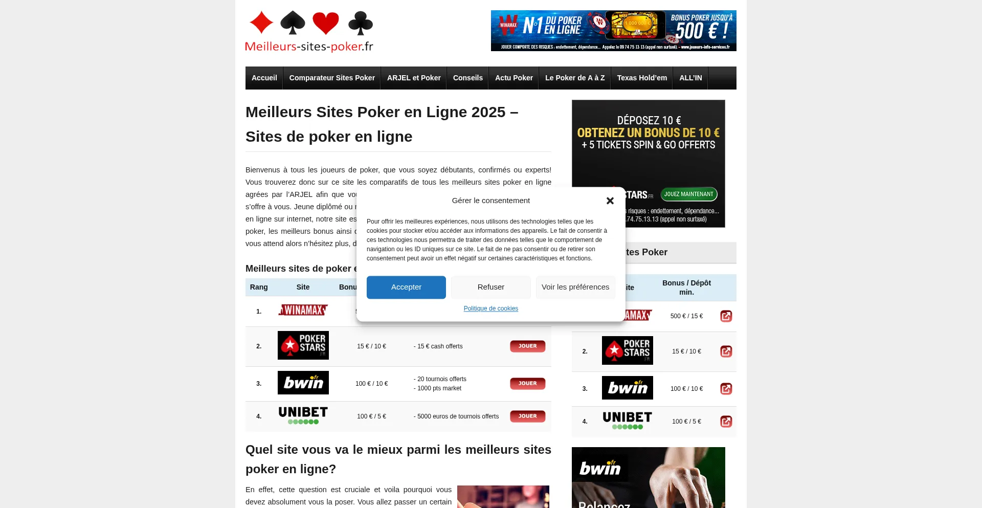 Website screenshot of Meilleurs-sites-poker.fr