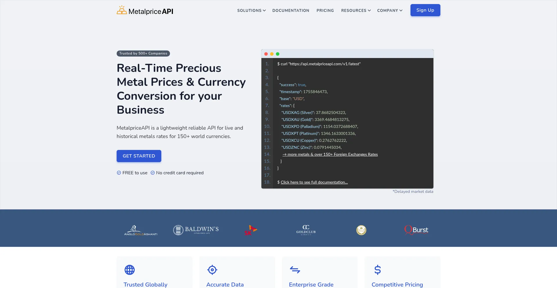 Website screenshot of Metalpriceapi.com