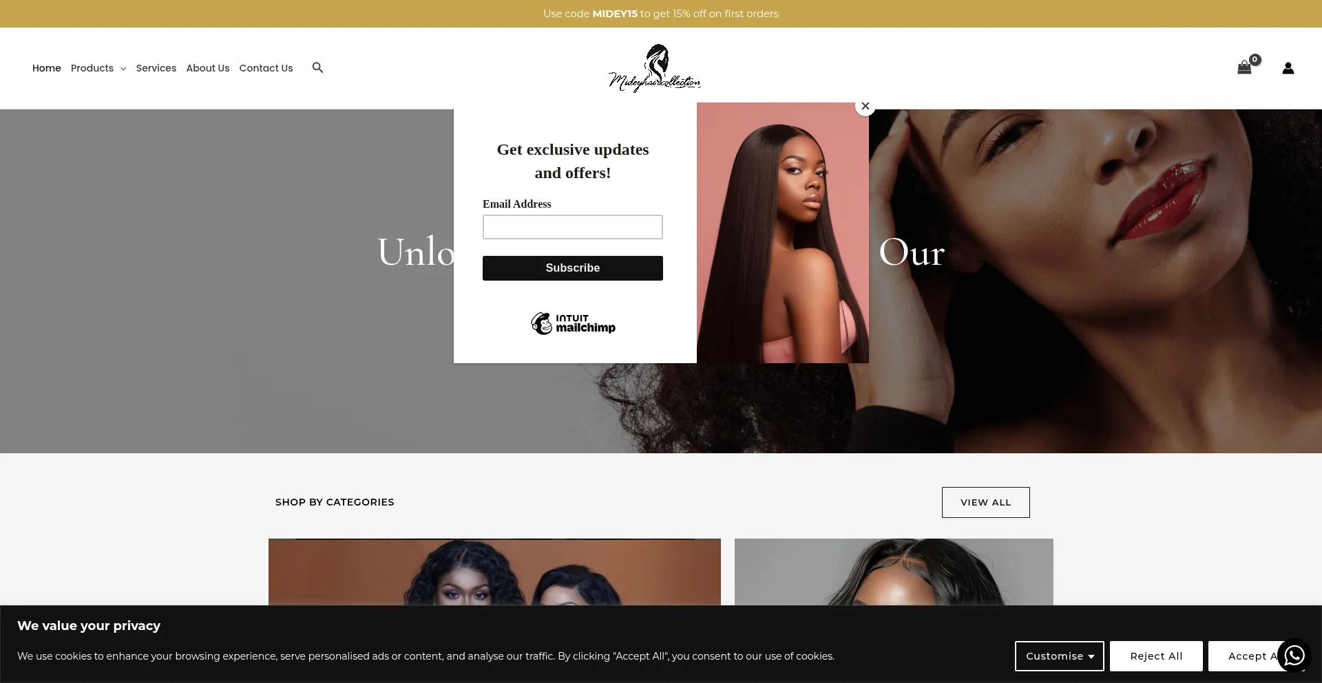 Website screenshot of Mideyhaircollection.co.uk