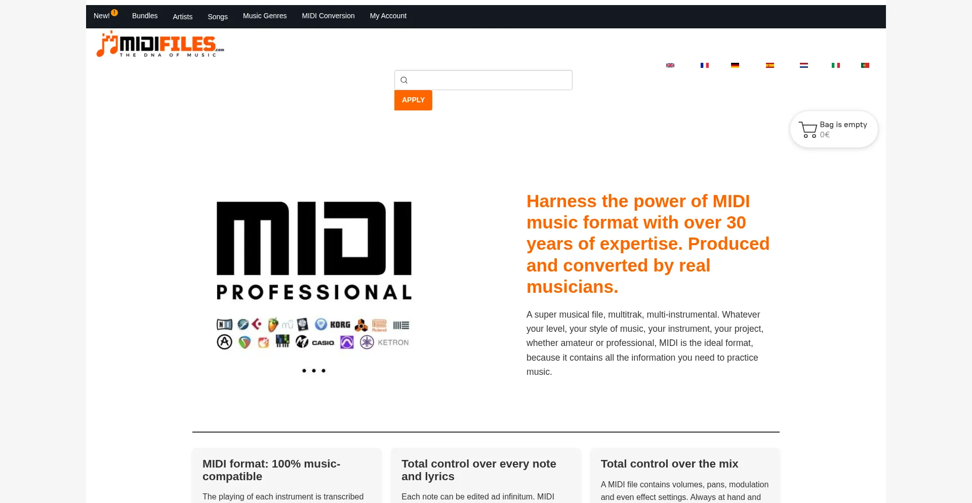 Website screenshot of Midifiles.com