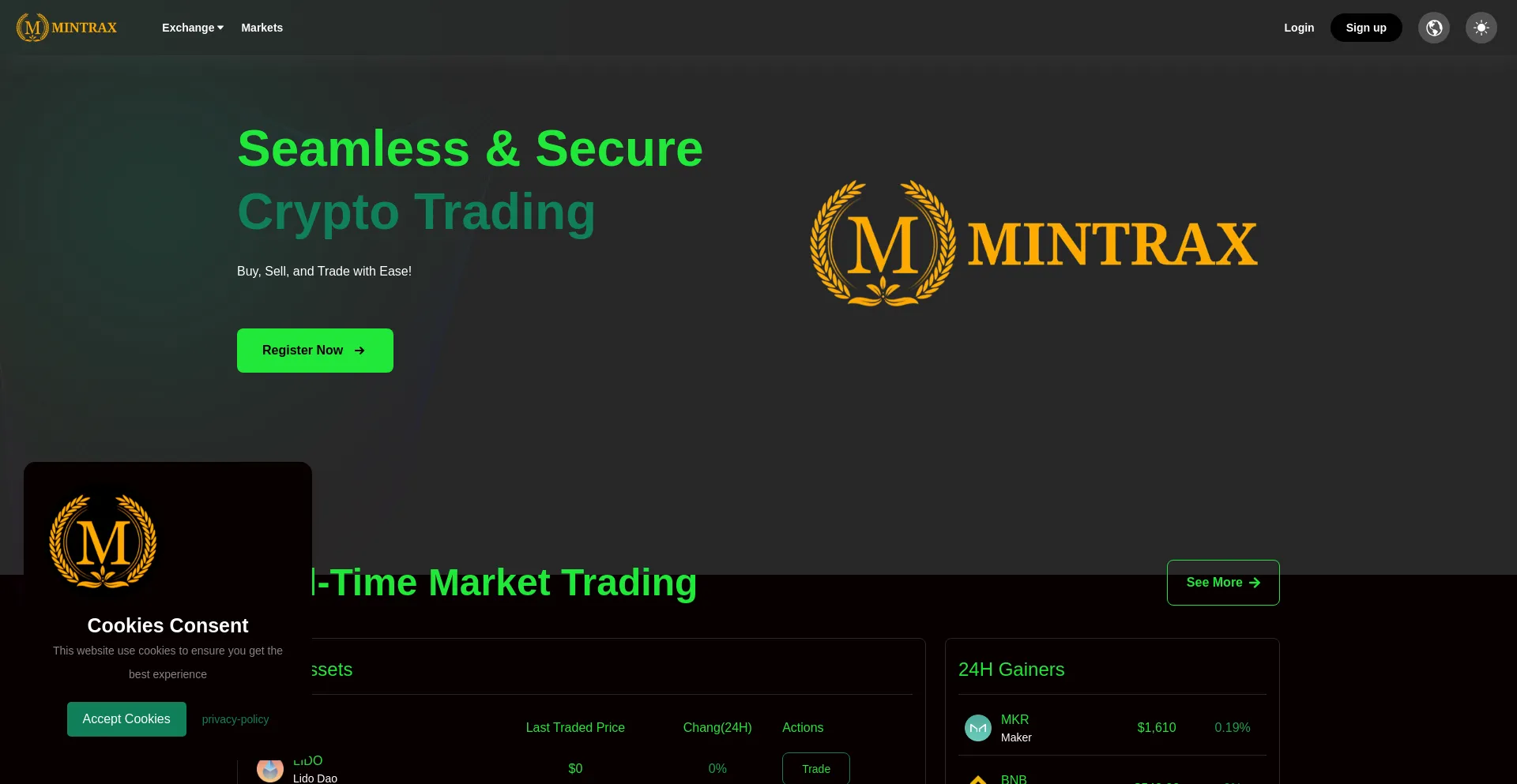 Website screenshot of Mintrax.exchange