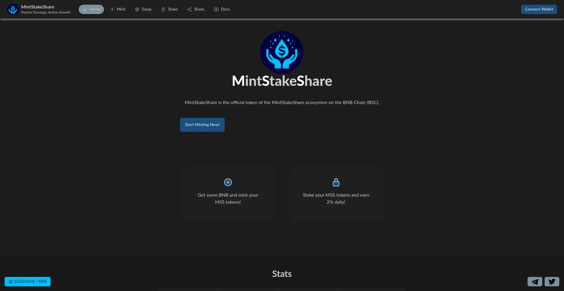 Website screenshot of Mintstakeshare.com