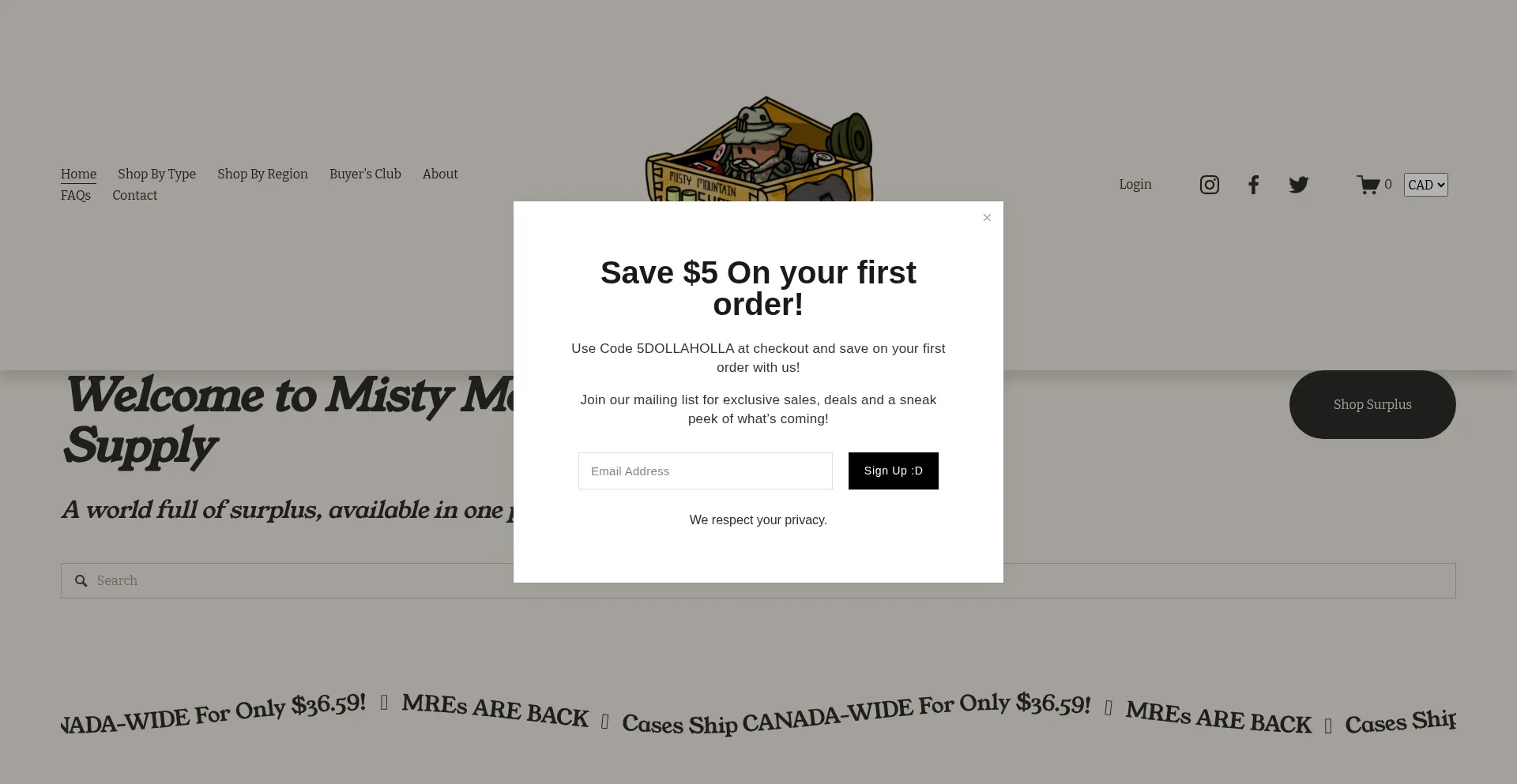 Website screenshot of Mistymountainsupply.com