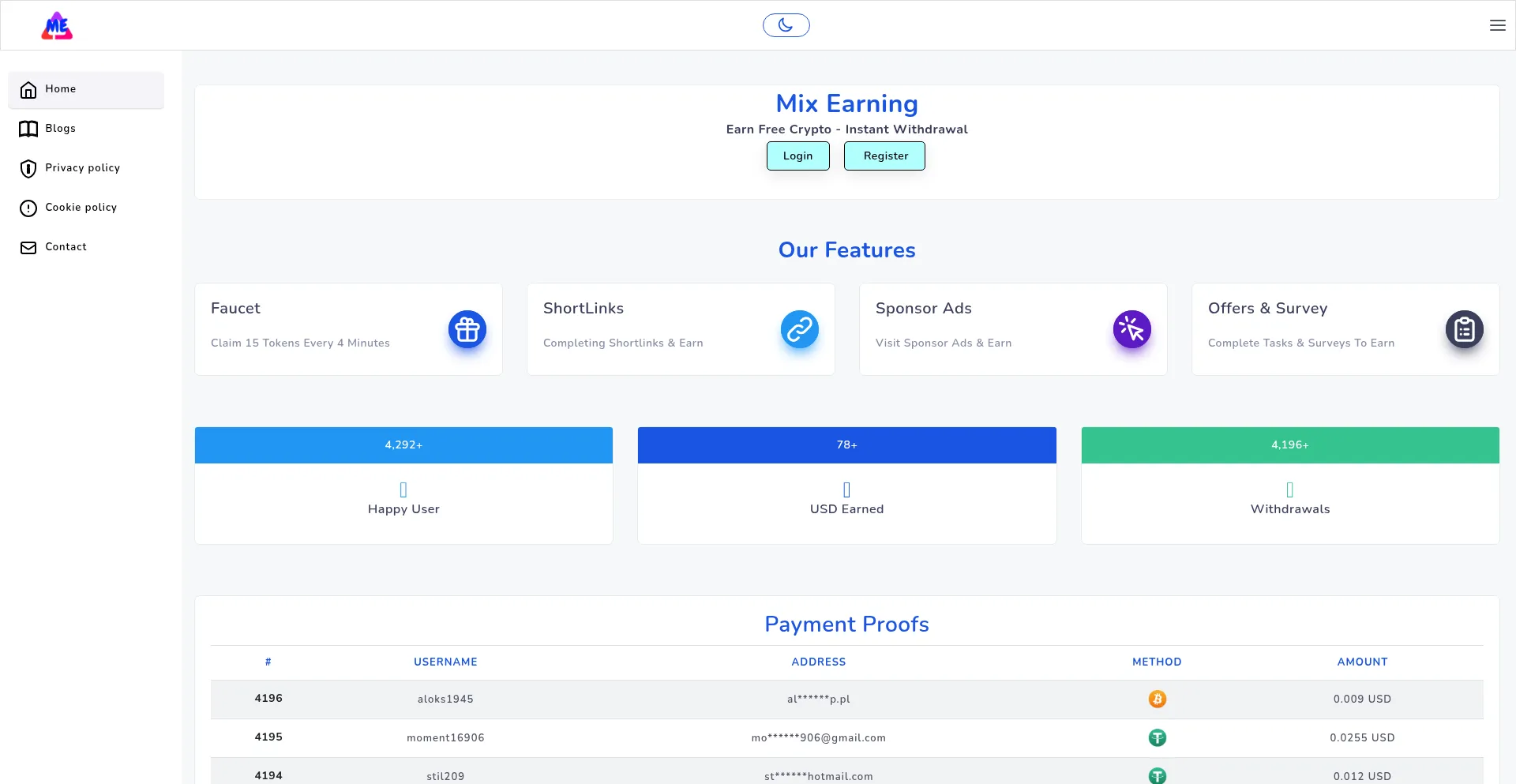Website screenshot of Mixearning.com