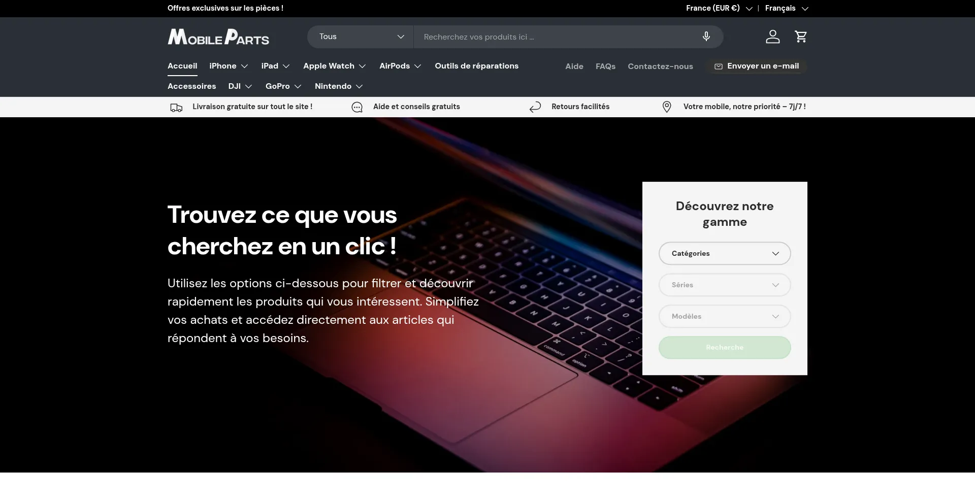 Website screenshot of Mobileparts.fr