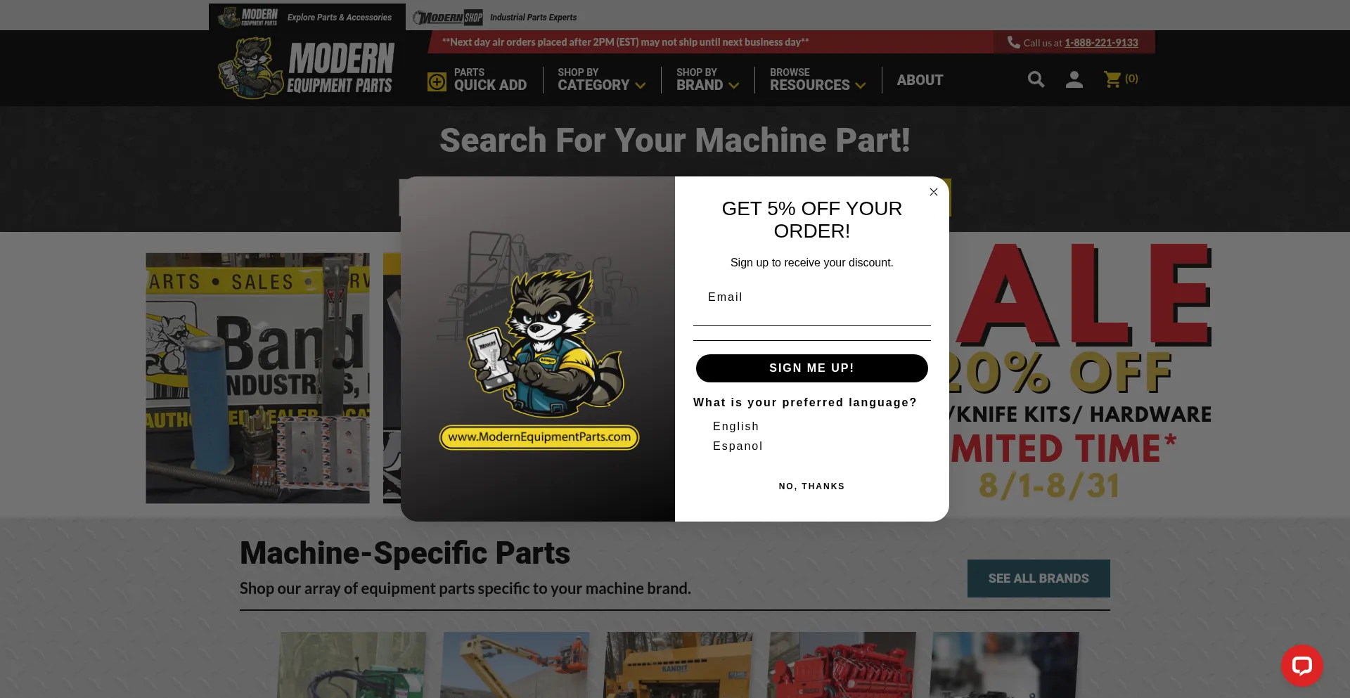 Website screenshot of Modernequipmentparts.com