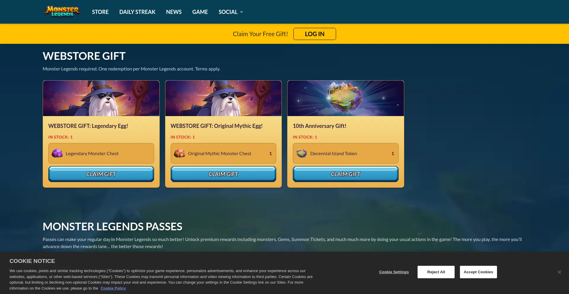Website screenshot of Monsterlegendsgame.com