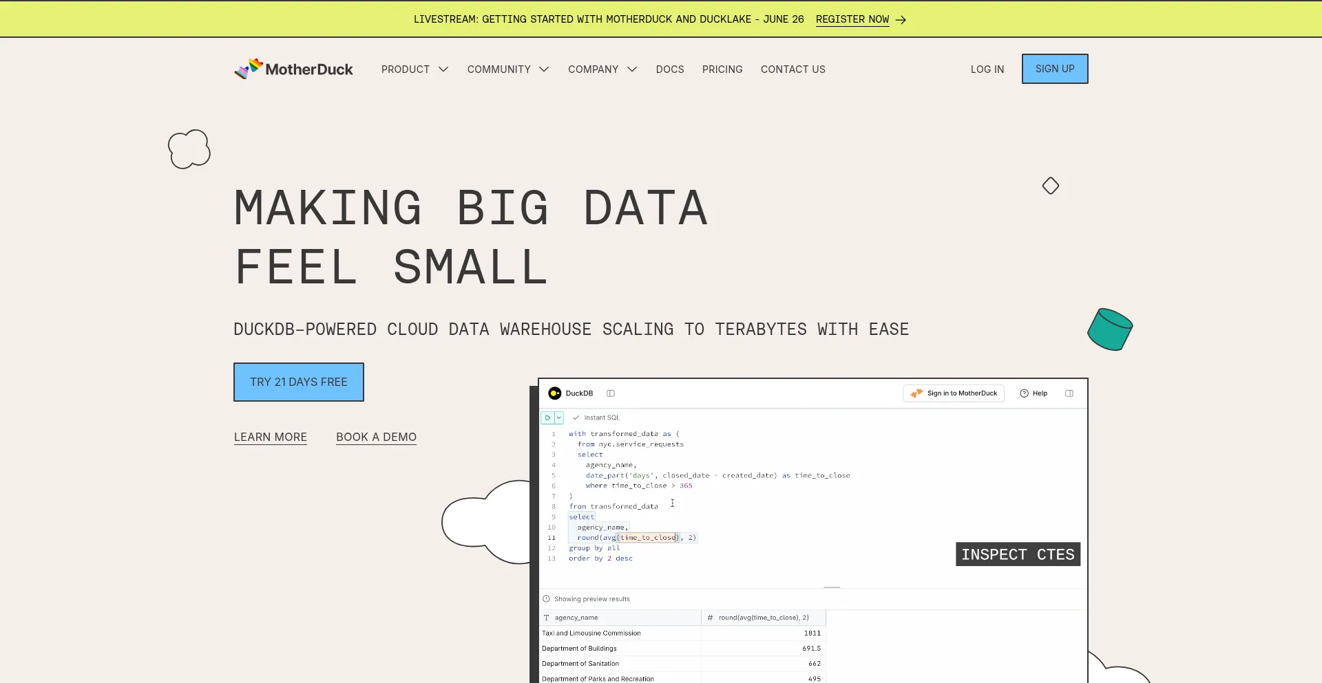 Website screenshot of Motherduck.com