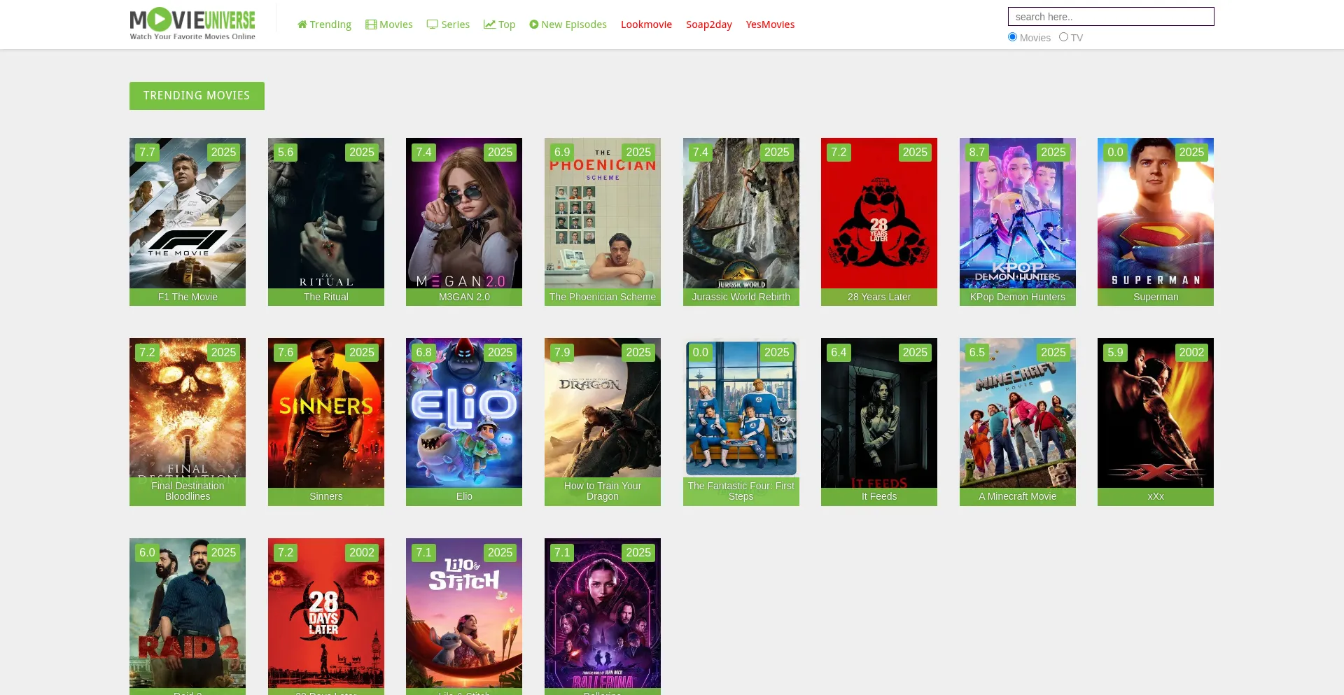 Website screenshot of Movieuniverse.lol