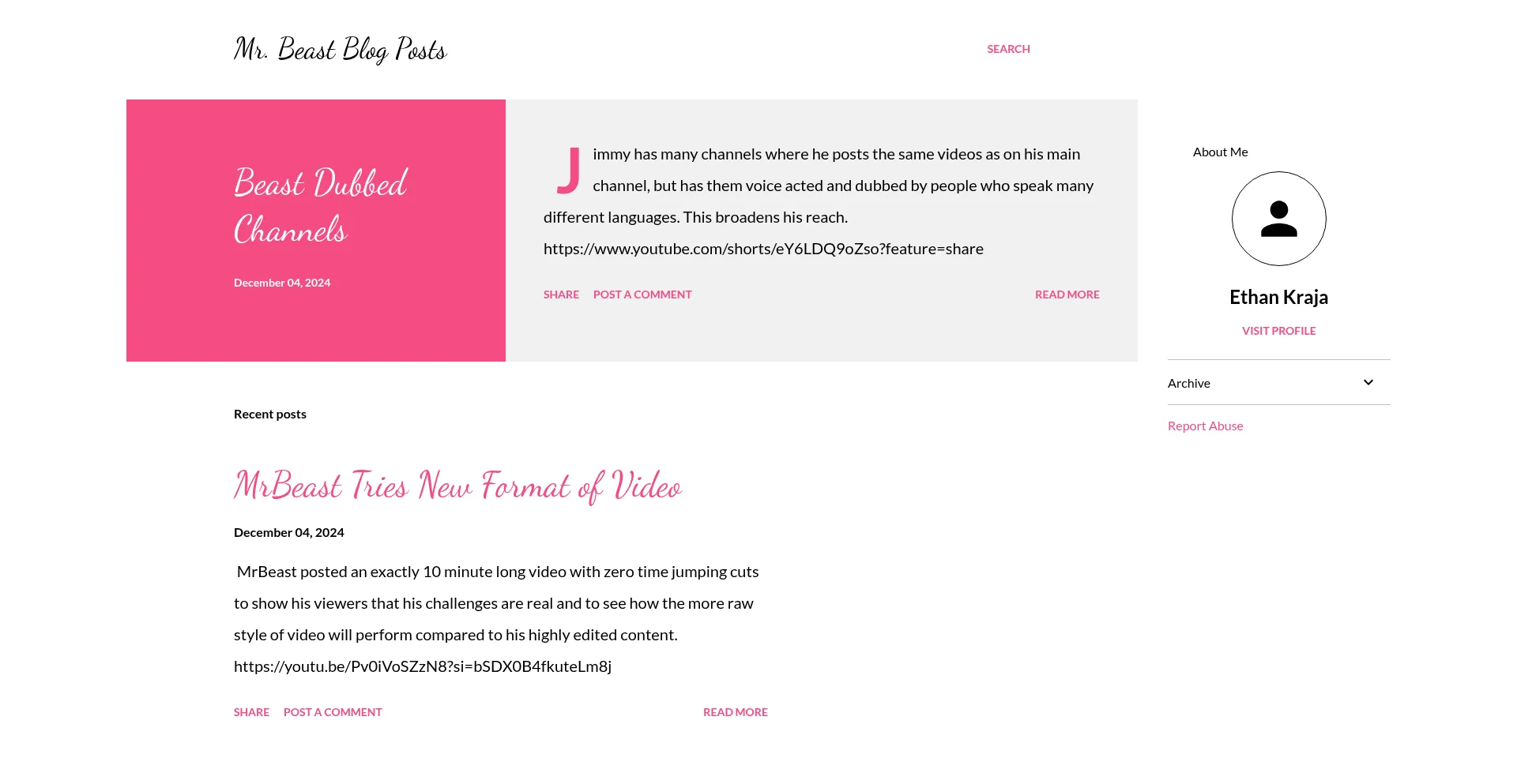 Website screenshot of Mrbeastblogposts.blogspot.com