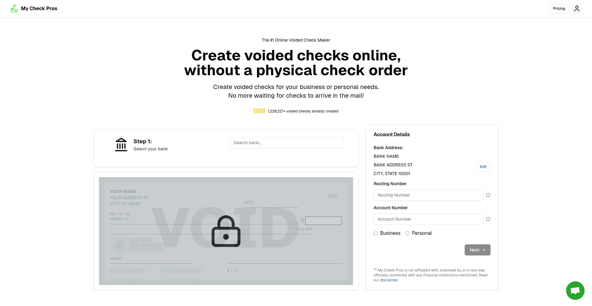 Website screenshot of Mycheckpros.com
