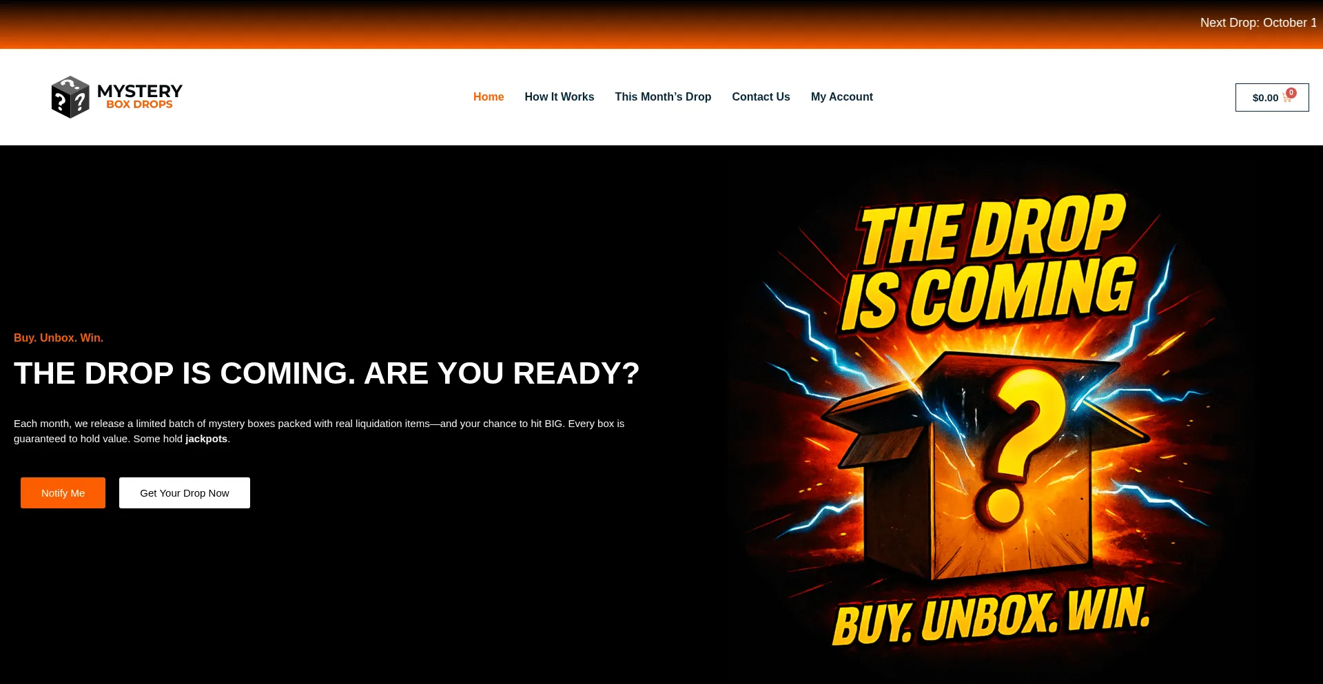 Website screenshot of Mysteryboxdrops.com