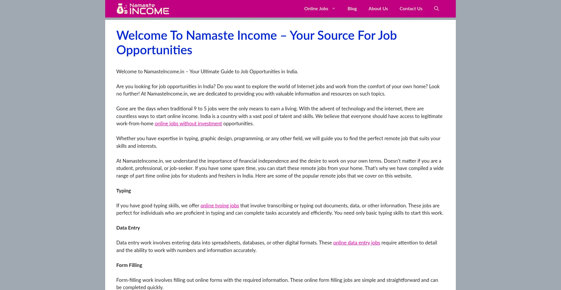 Website screenshot of Namasteincome.in