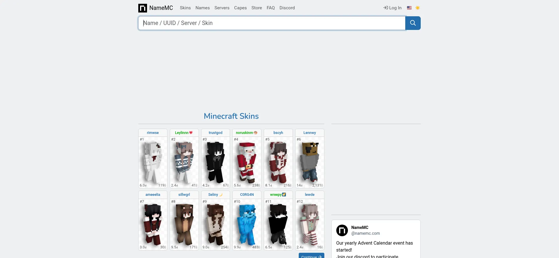 Website screenshot of Namemc.com