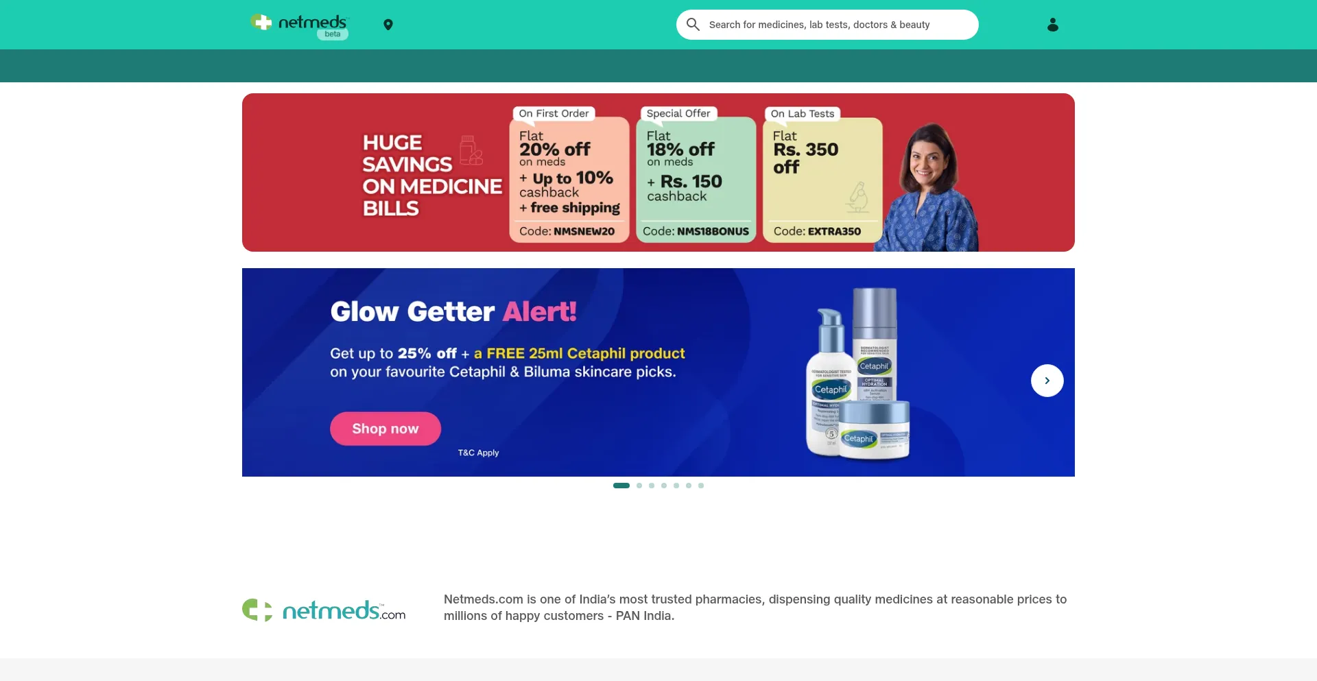 Website screenshot of Netmeds.com