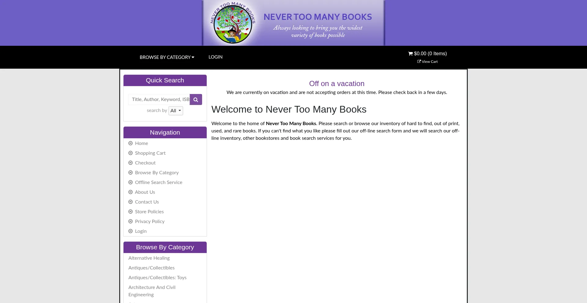 Website screenshot of Never2manybooks.com