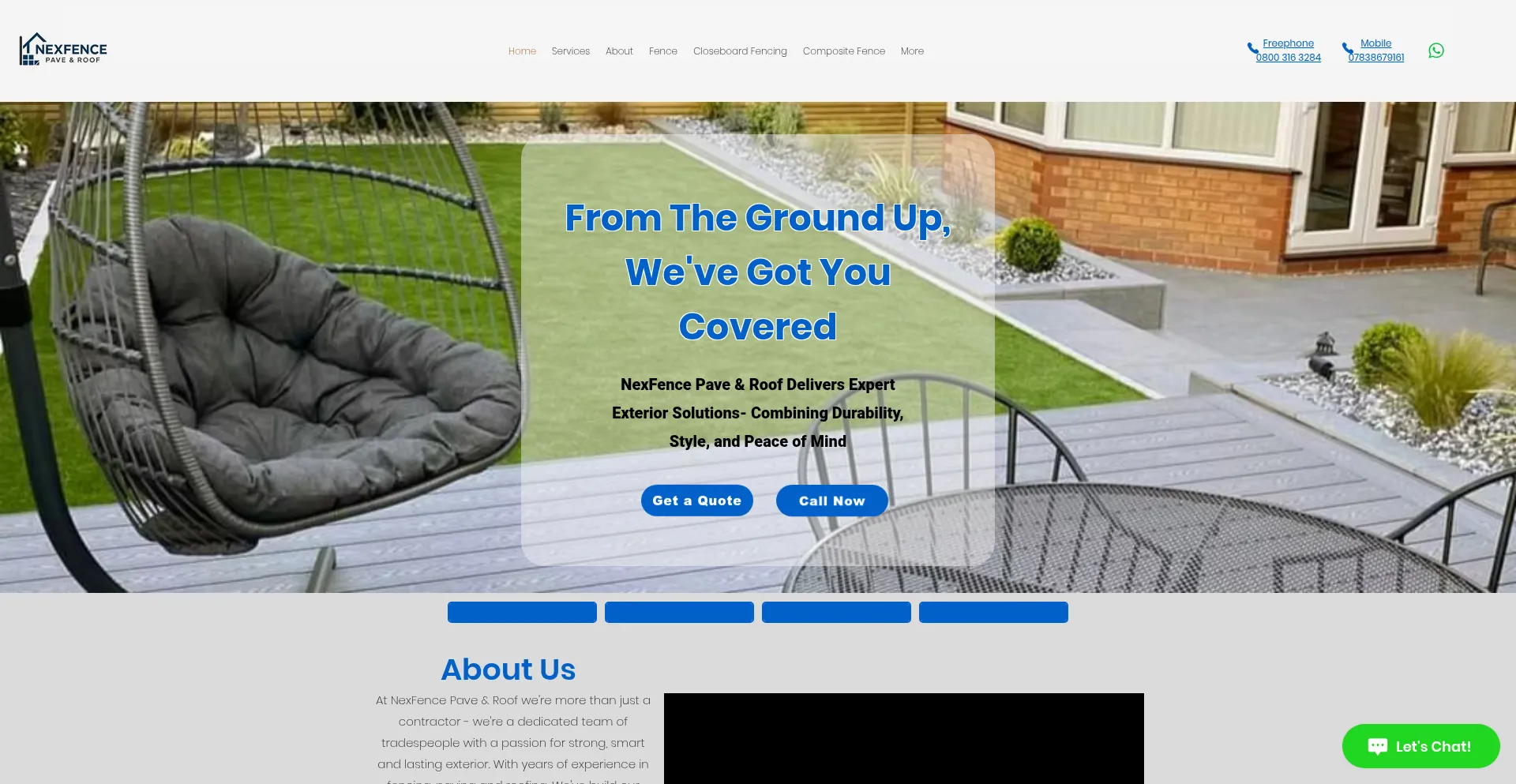 Website screenshot of Nexfencepaveroof.co.uk