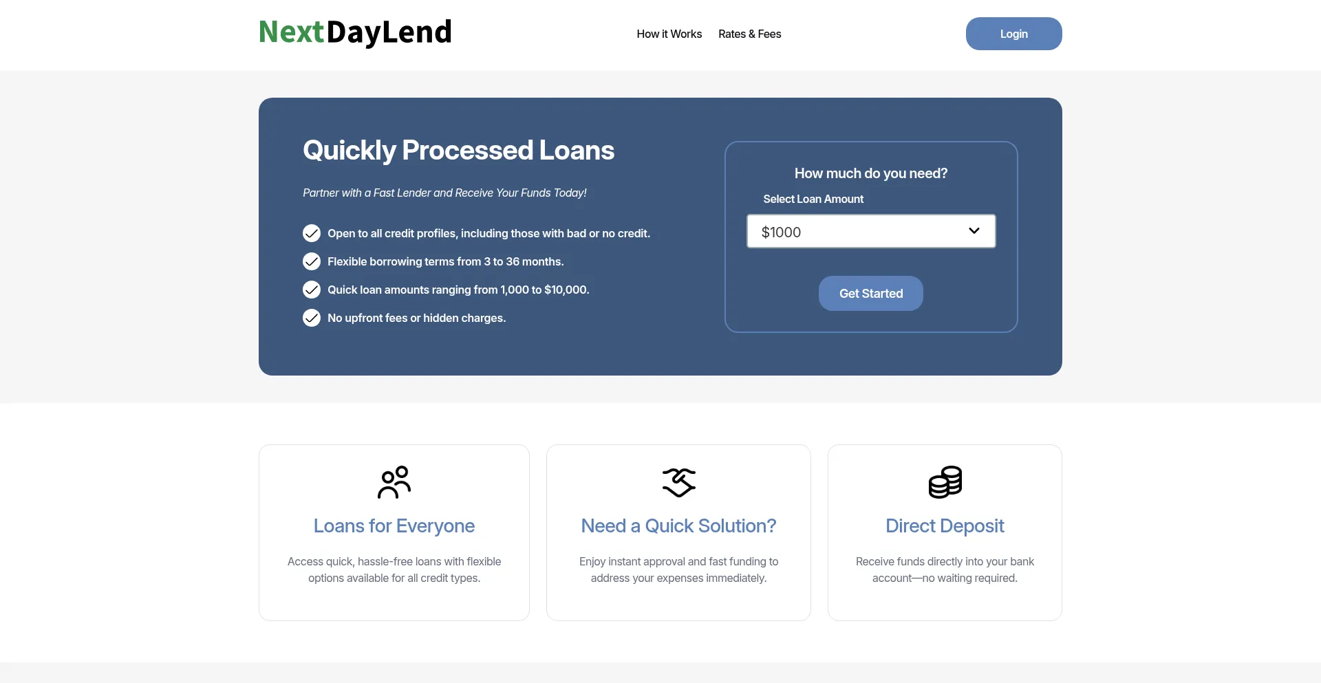 Website screenshot of Nextdaylend.com