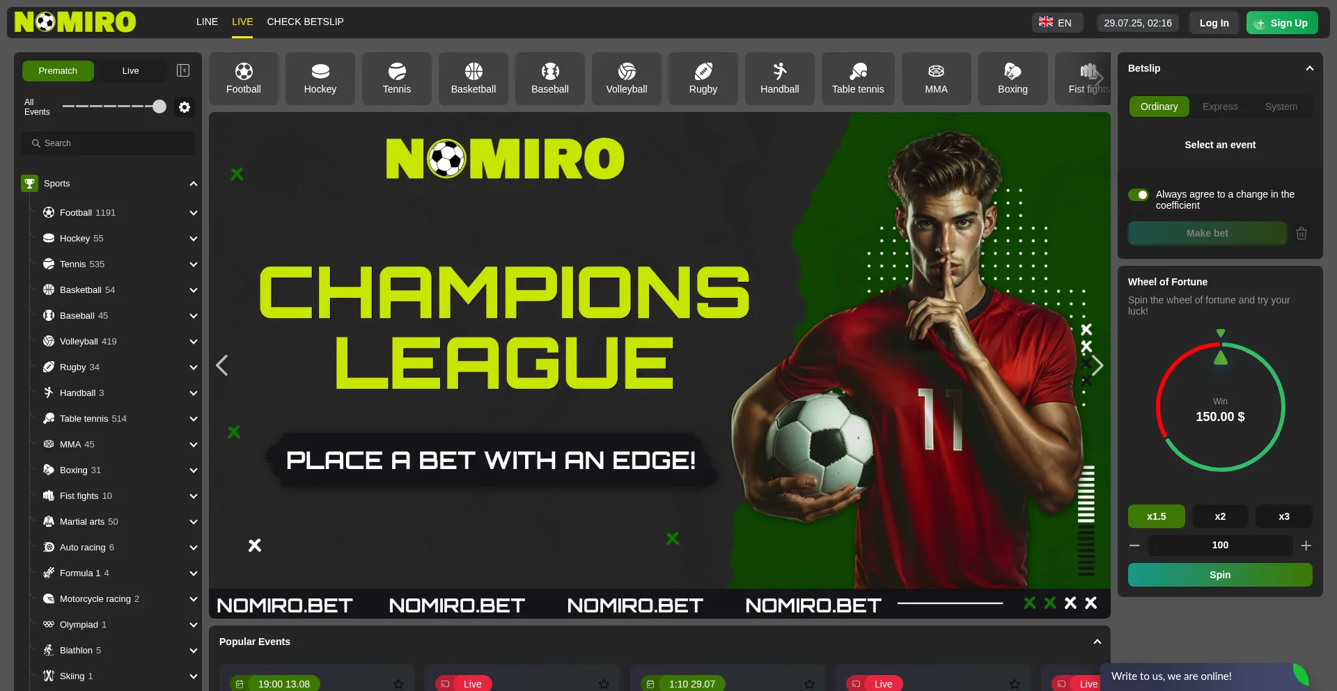 Website screenshot of Nomiro.bet