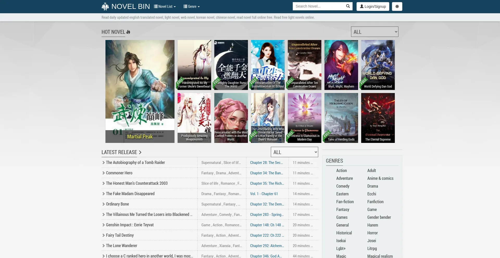 Website screenshot of Novelbin.me