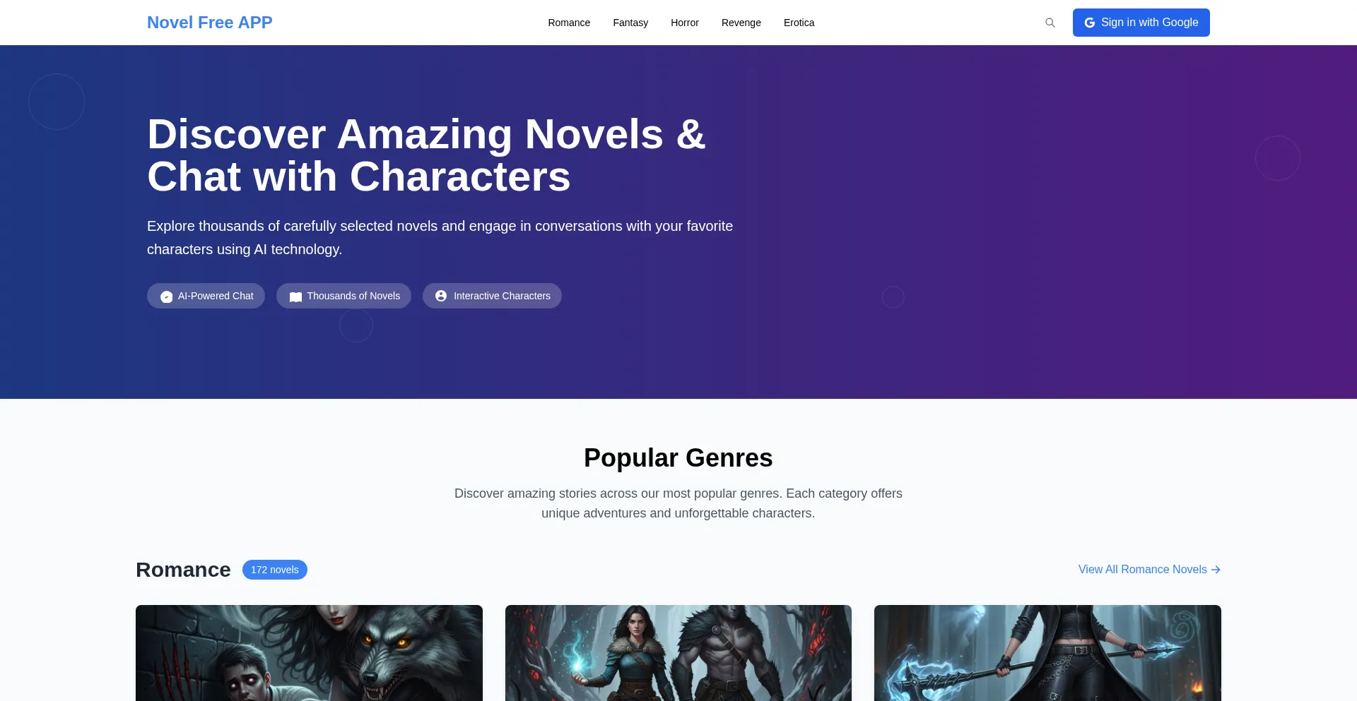 Website screenshot of Novelfreeapp.com