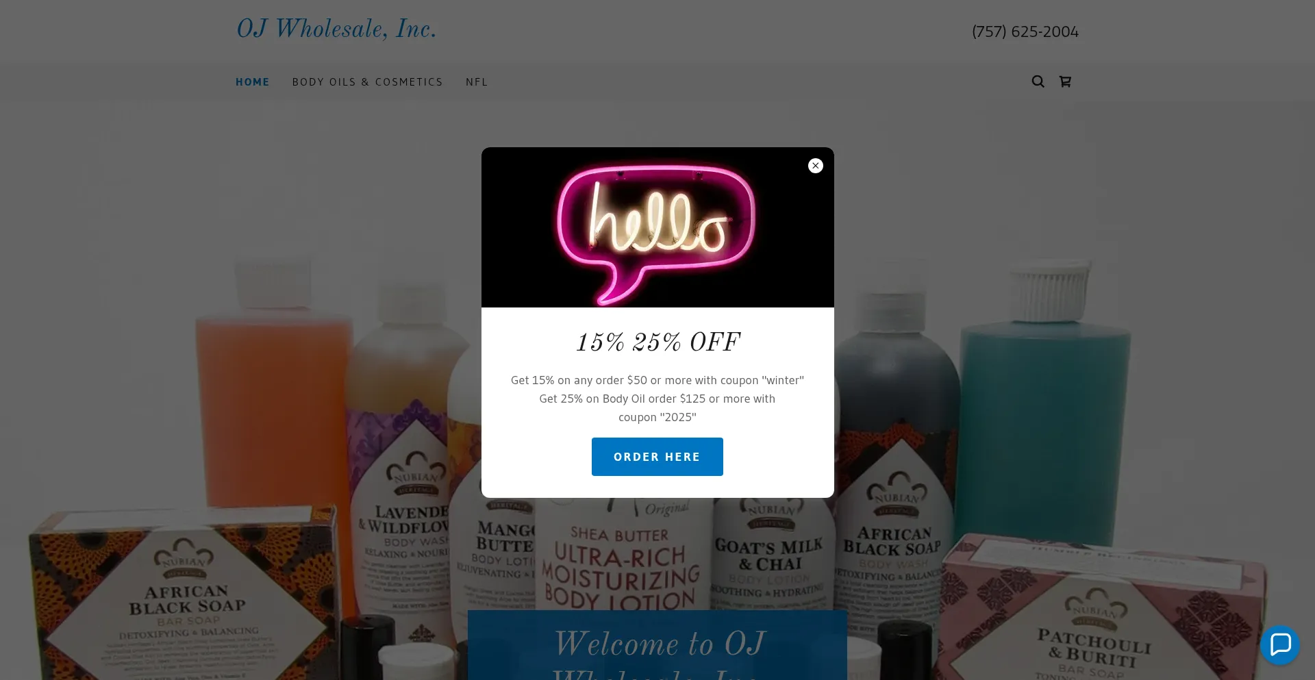 Website screenshot of Ojwholesaleinc.com