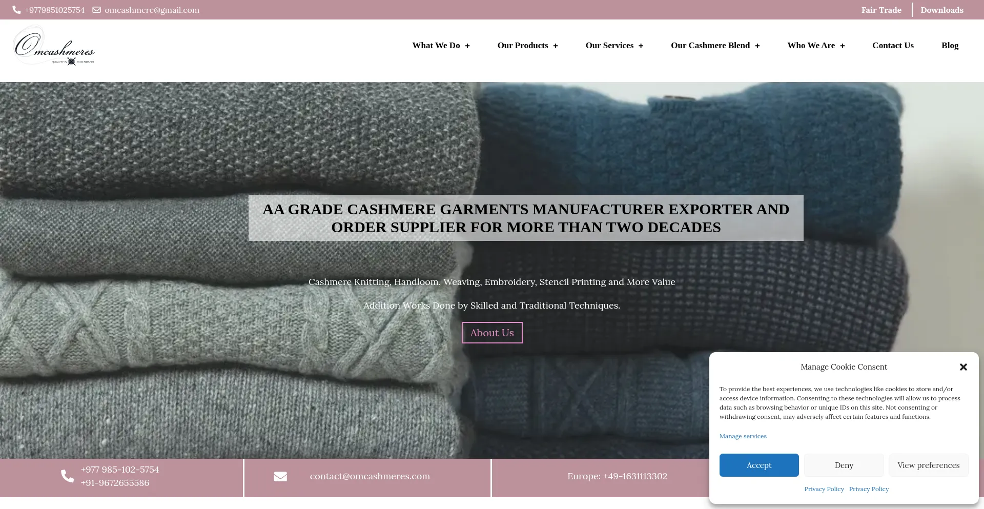 Website screenshot of Omcashmeres.com