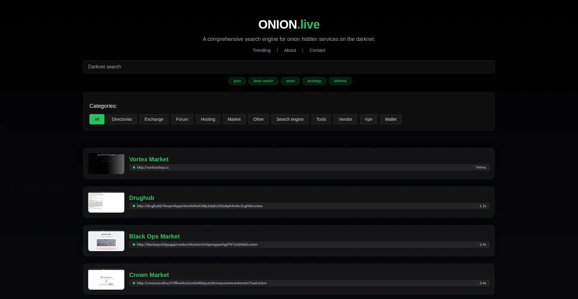 Website screenshot of Onion.live
