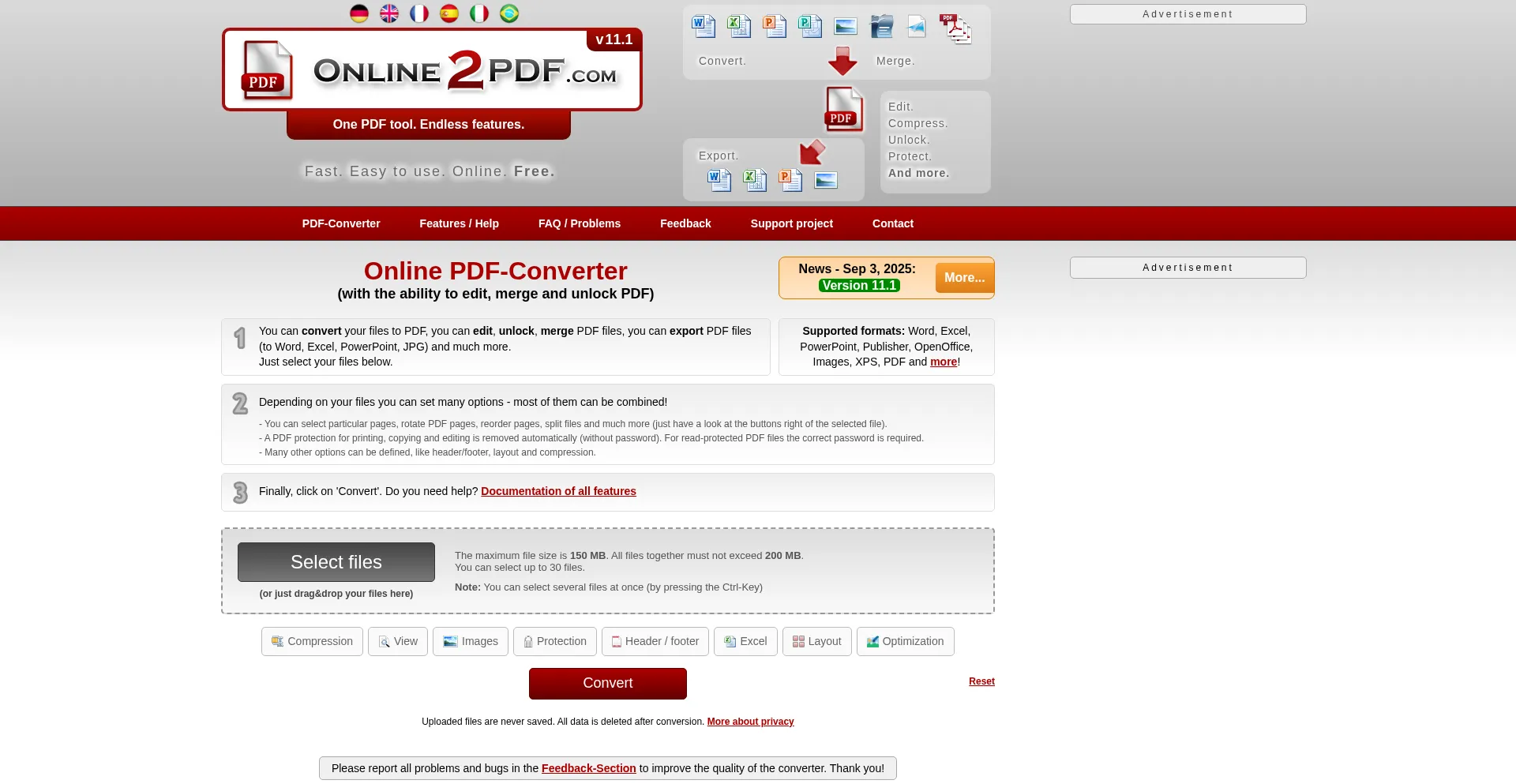 Website screenshot of Online2pdf.com