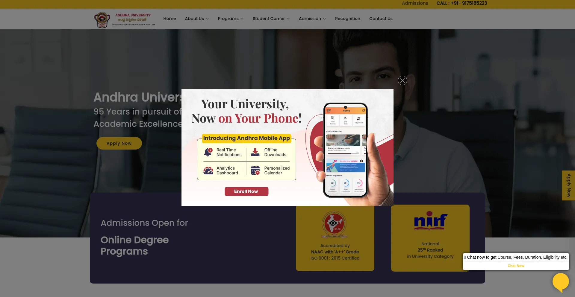 Website screenshot of Onlineausde.andhrauniversity.edu.in