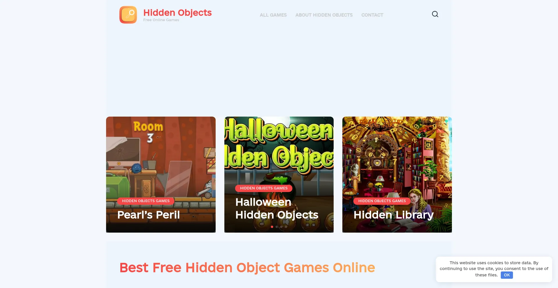 Website screenshot of Onlinehiddenobjectgames.com