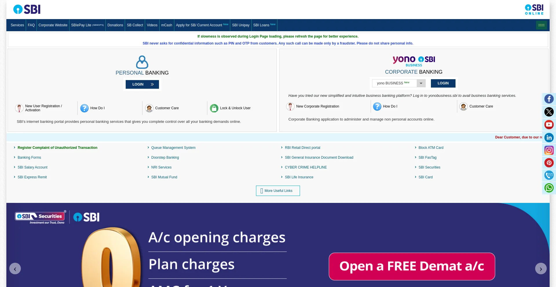 Website screenshot of Onlinesbi.com