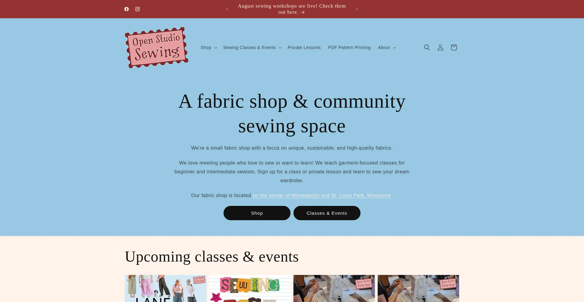 Website screenshot of Openstudiosewing.com