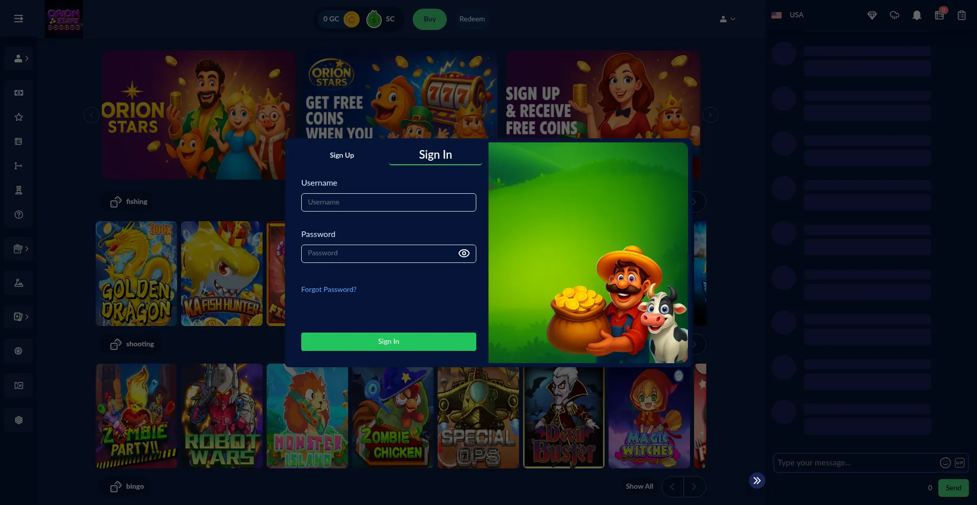 Website screenshot of Orionstarsweeps.com