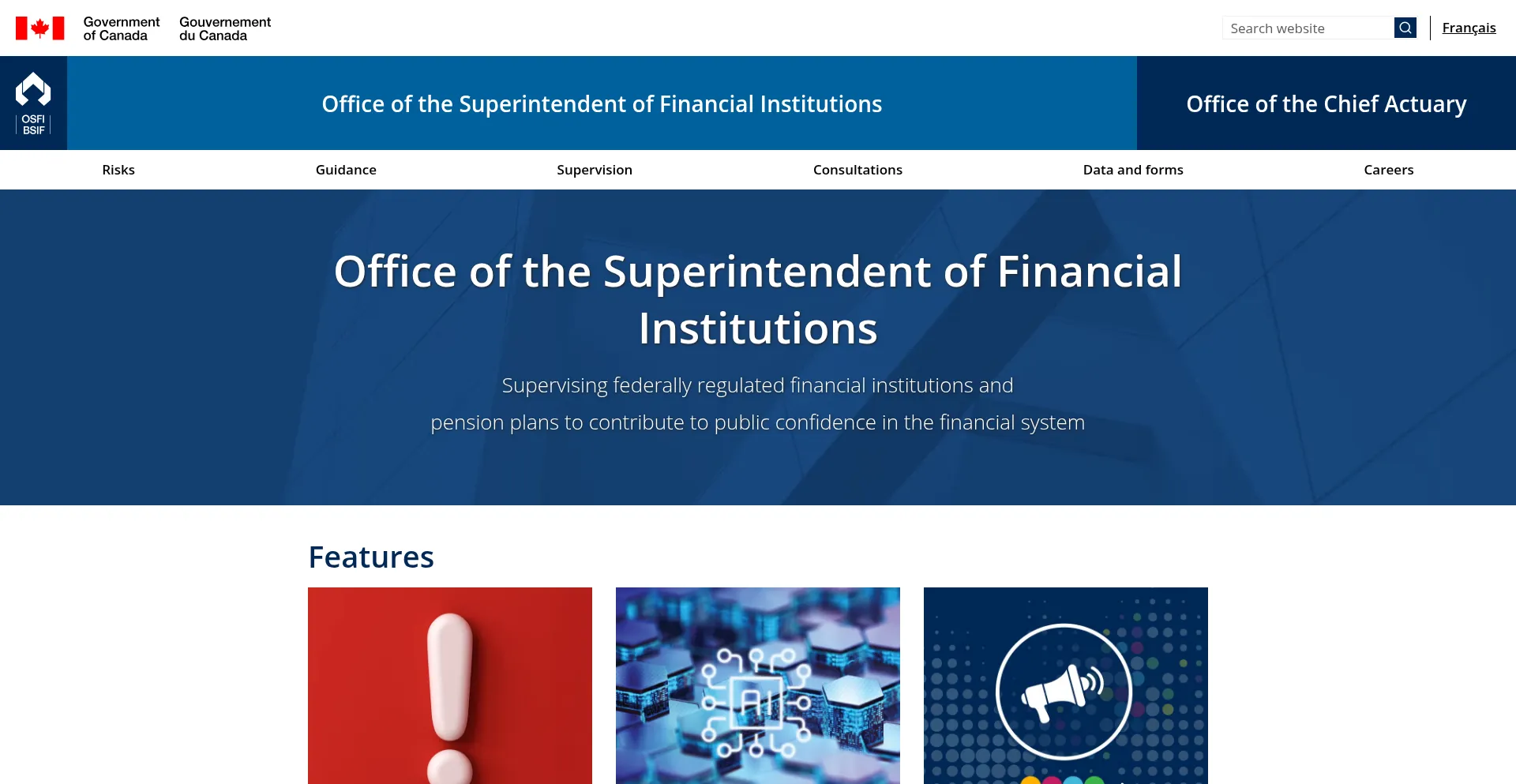Website screenshot of Osfi-bsif.gc.ca