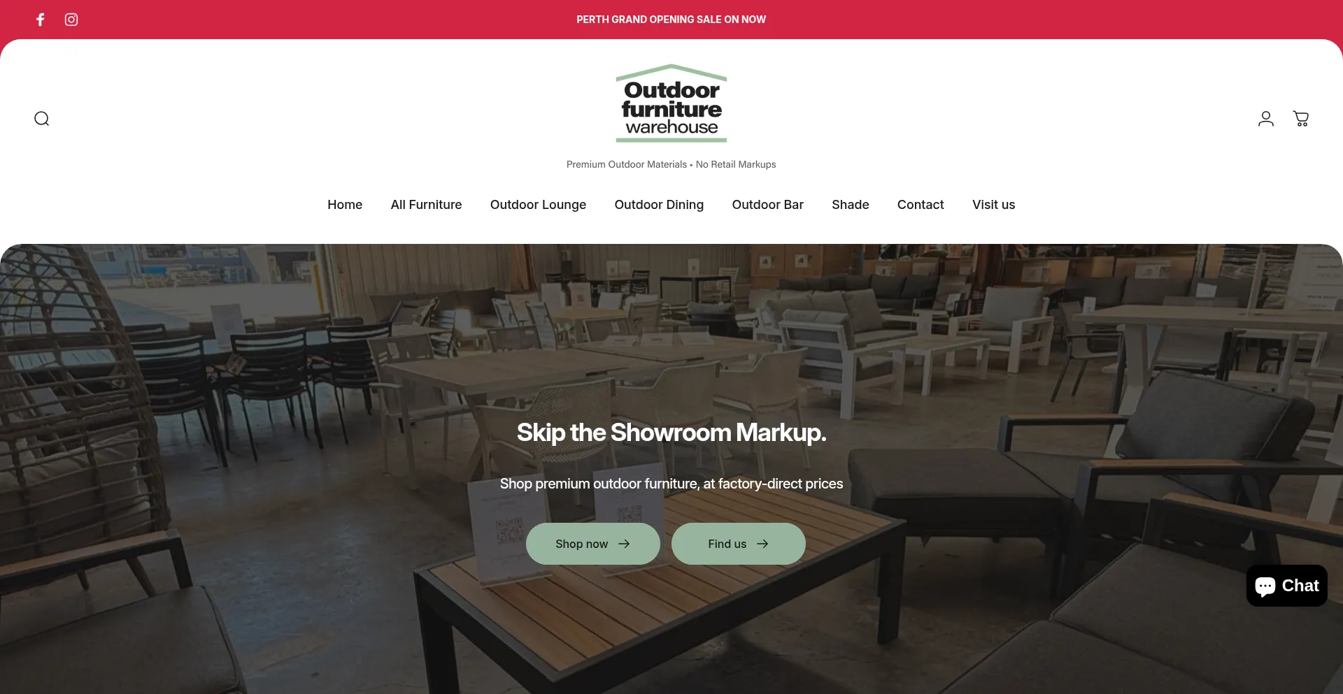 Website screenshot of Outdoorfurniturewarehouse.com.au