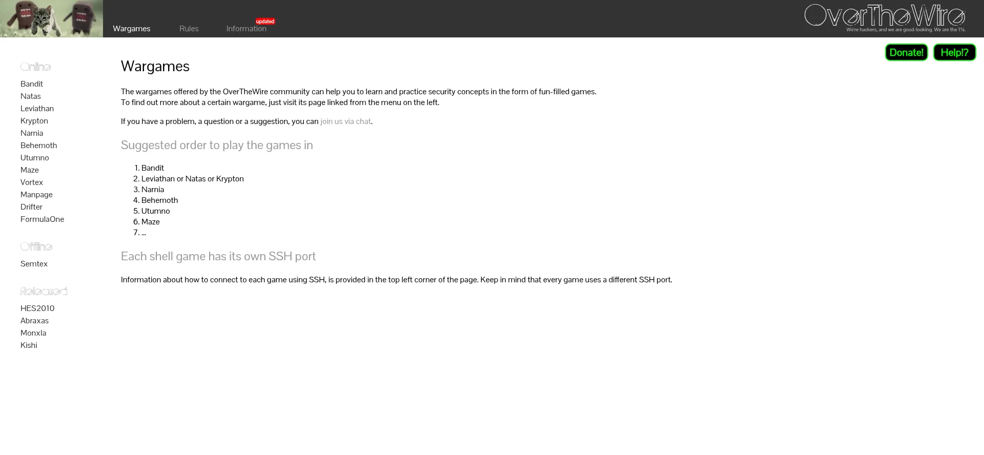 Website screenshot of Overthewire.org