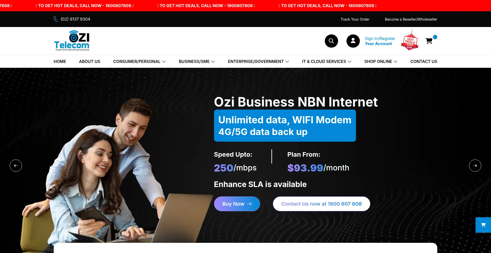 Website screenshot of Ozitelecom.com.au