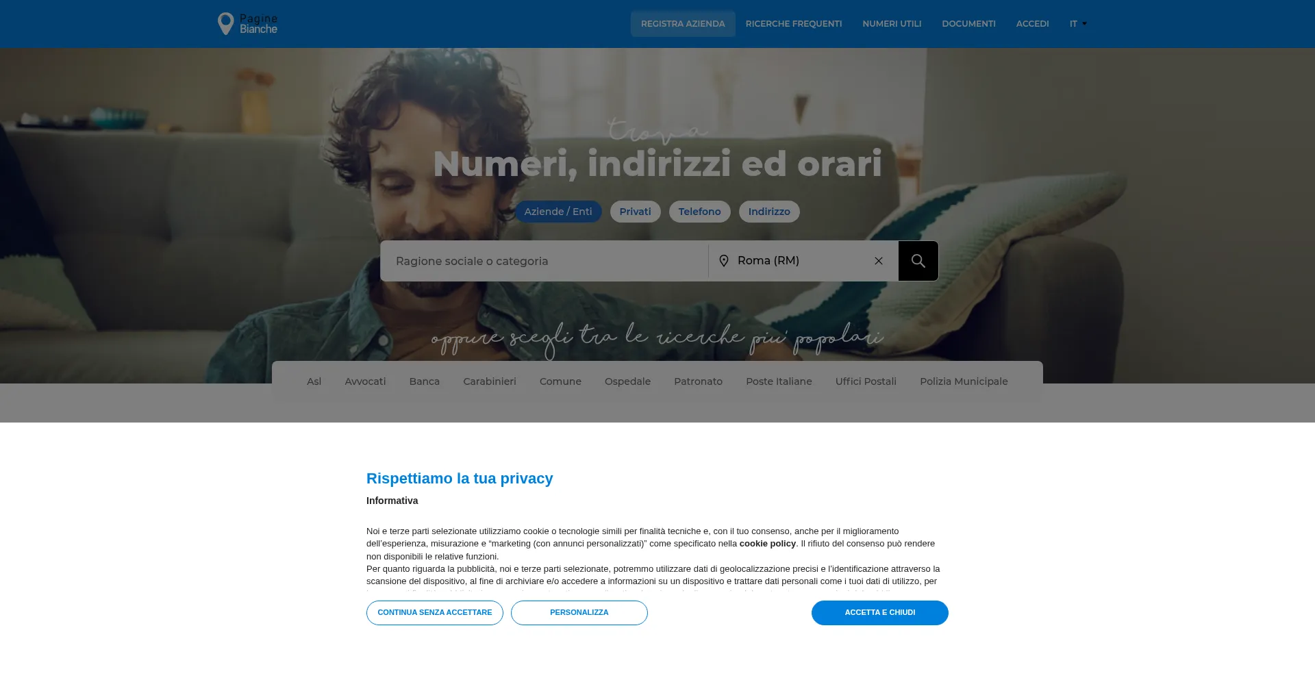 Website screenshot of Paginebianche.it