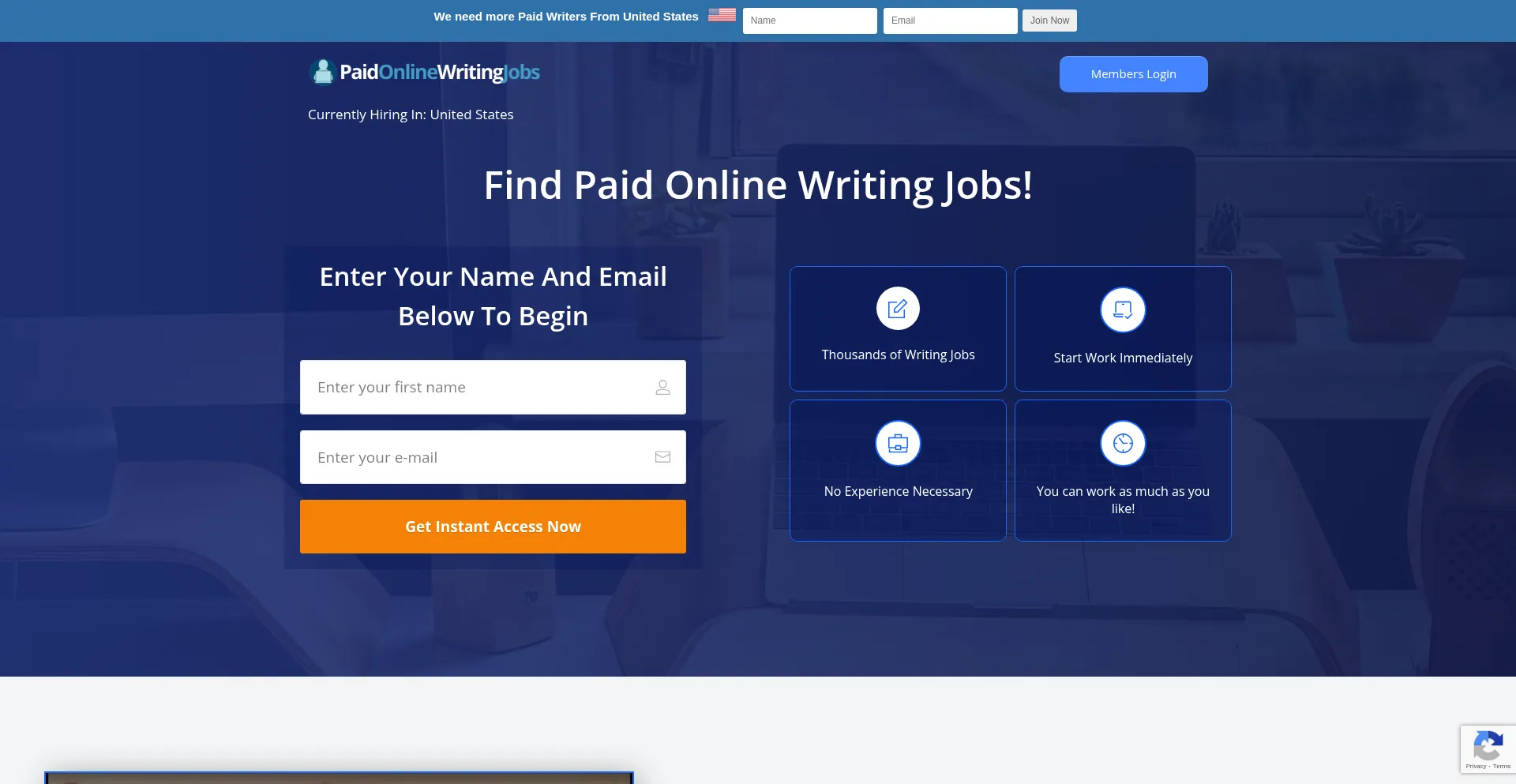 Website screenshot of Paidonlinewritingjobs.com