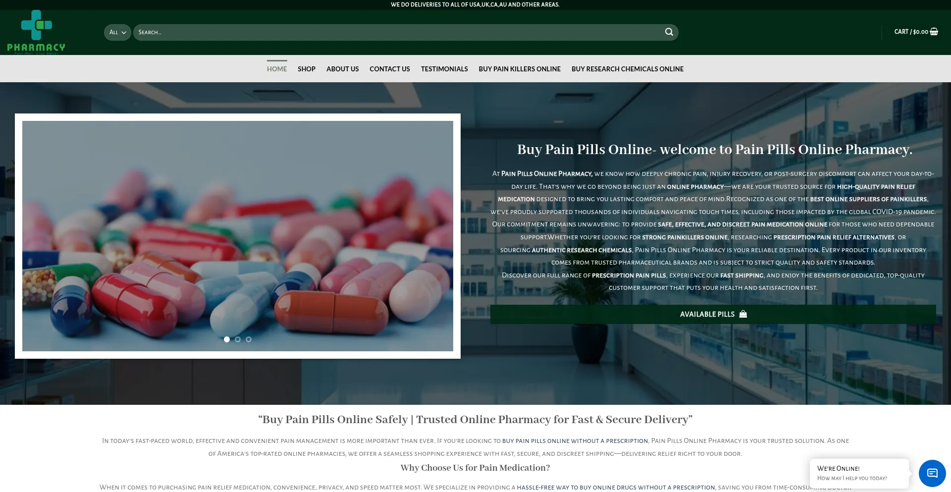 Website screenshot of Painpillsonlinepharmacy.com