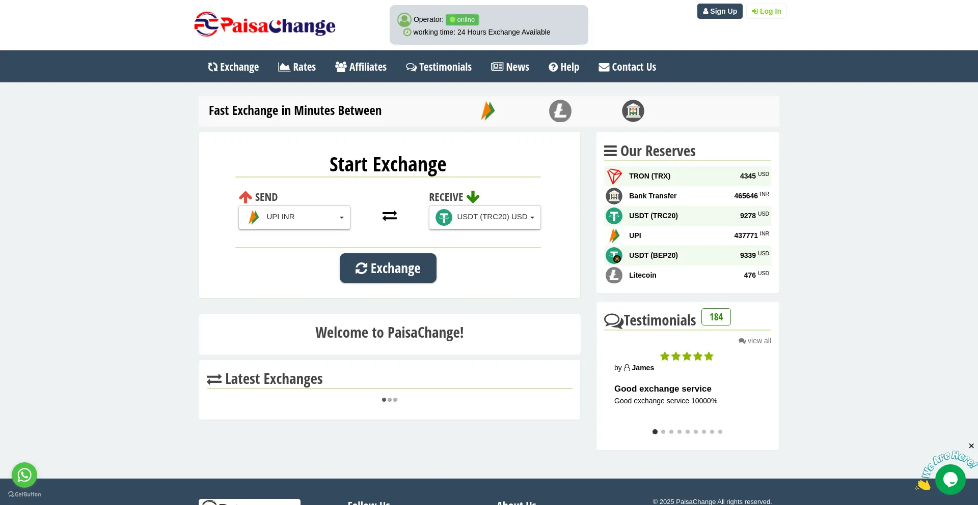 Website screenshot of Paisachange.com