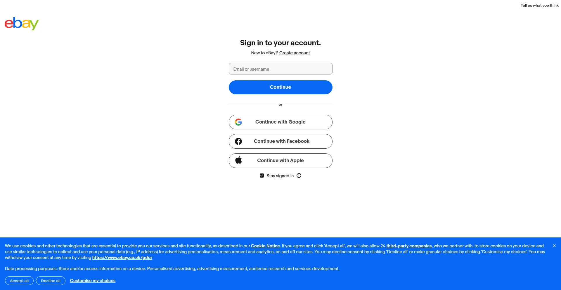 Website screenshot of Pay.ebay.co.uk