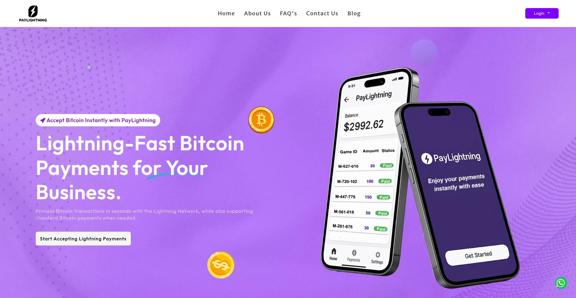 Website screenshot of Paylightning.io