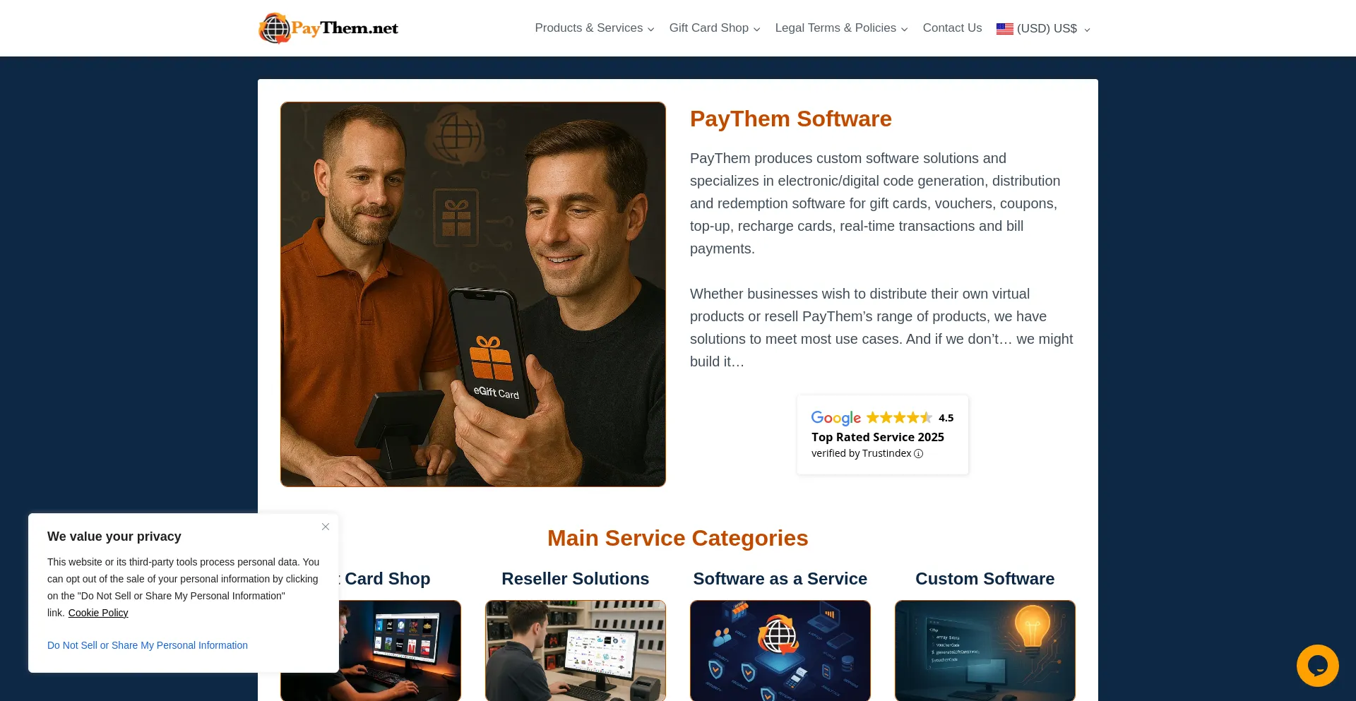 Website screenshot of Paythem.net