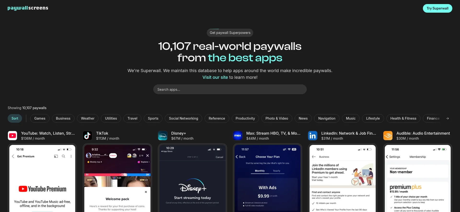 Website screenshot of Paywallscreens.com