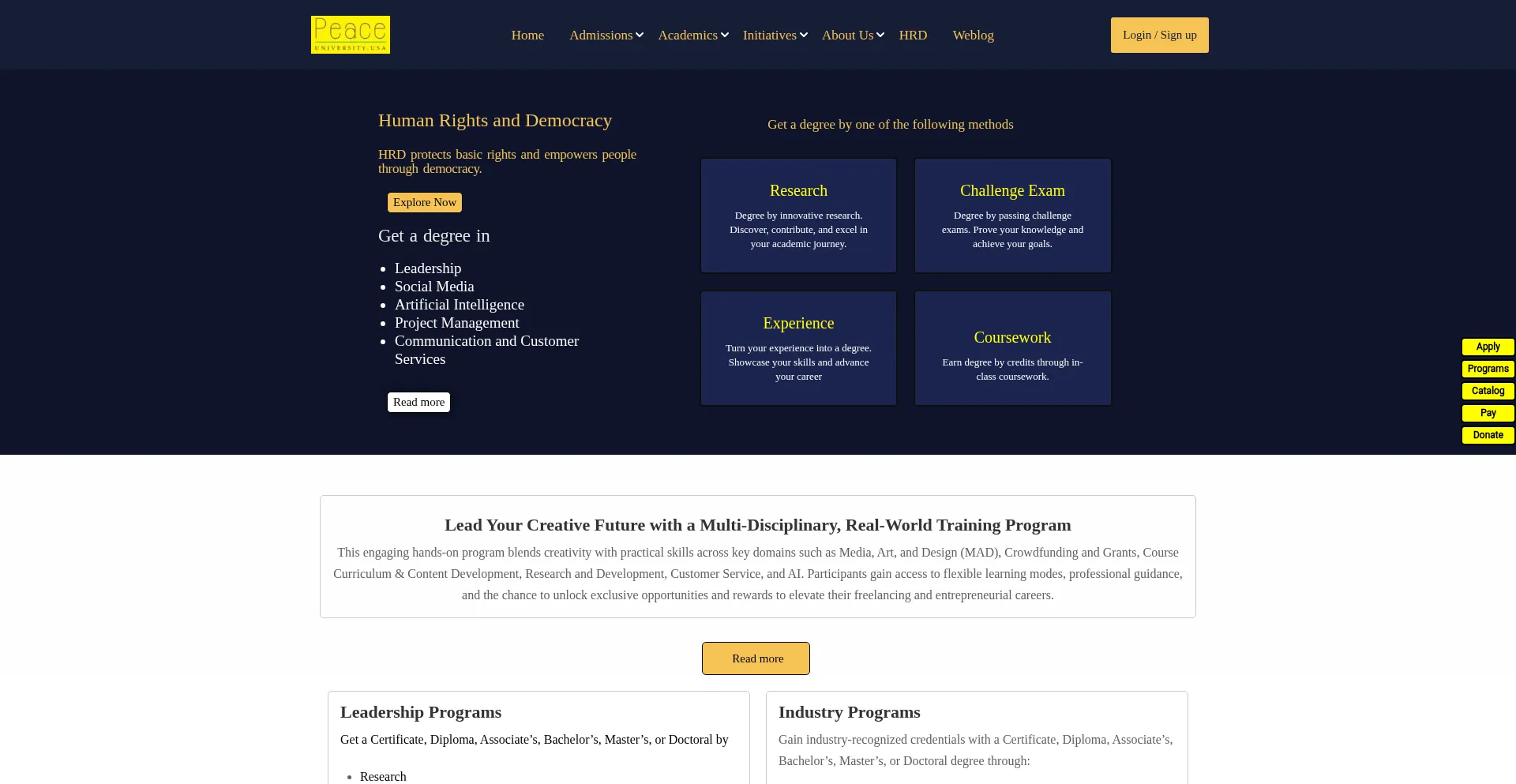Website screenshot of Peace.university