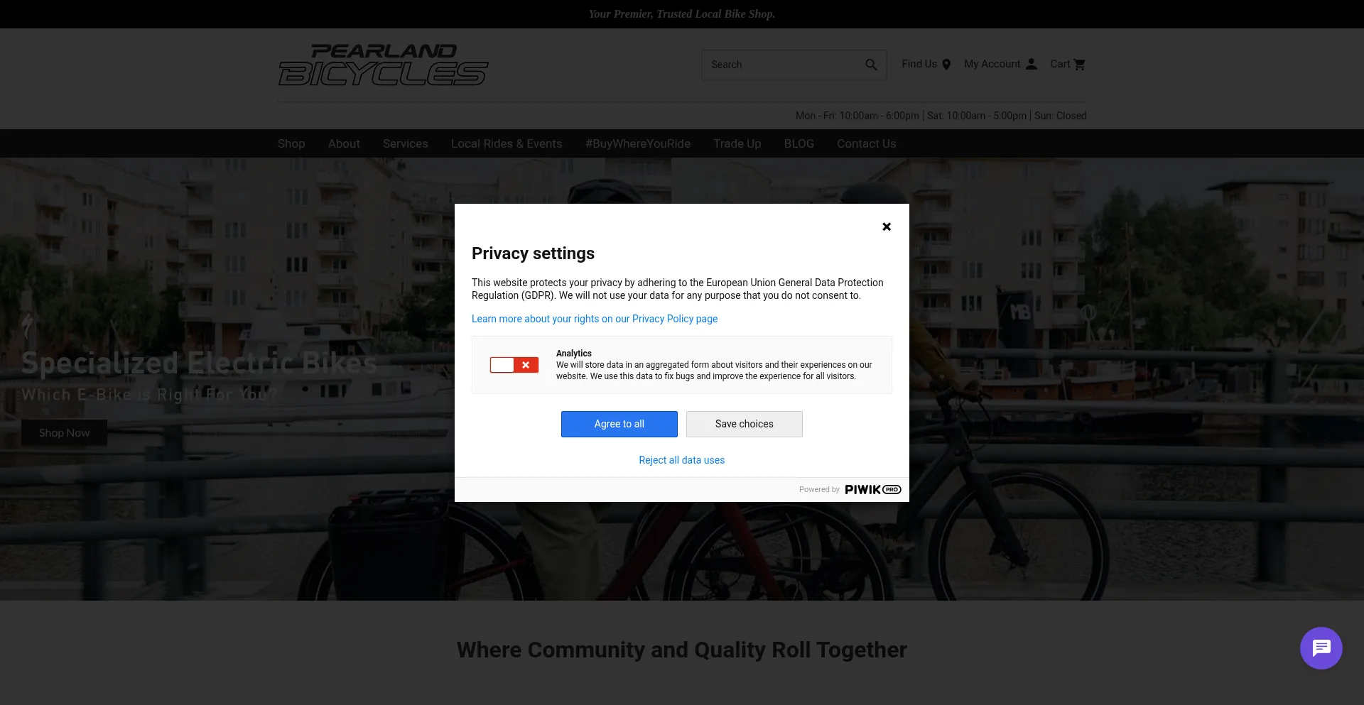 Website screenshot of Pearlandbicycle.com