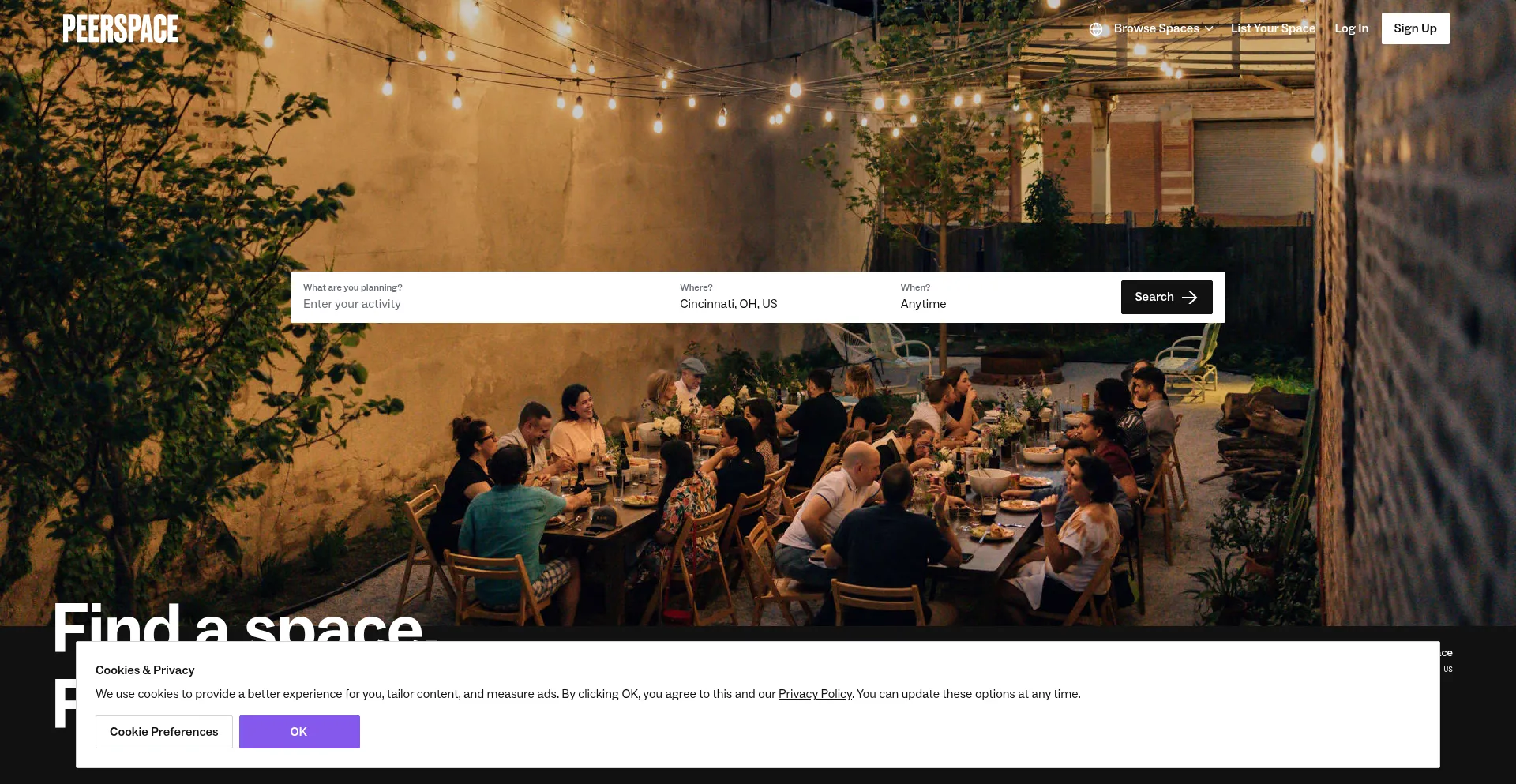 Website screenshot of Peerspace.com